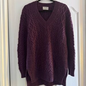 Blarney Woollen Mills Cable-Knit V-Neck Sweater in Deep Plum